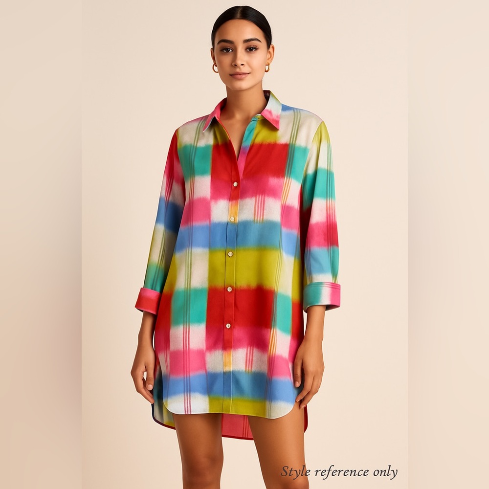 Natori Multicolor Shirt Dress | Size M | Vibrant Watercolor Print, Side Slits